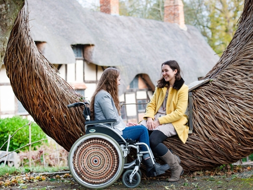 Wheelchair user and friend sat beside a wooden sculpture