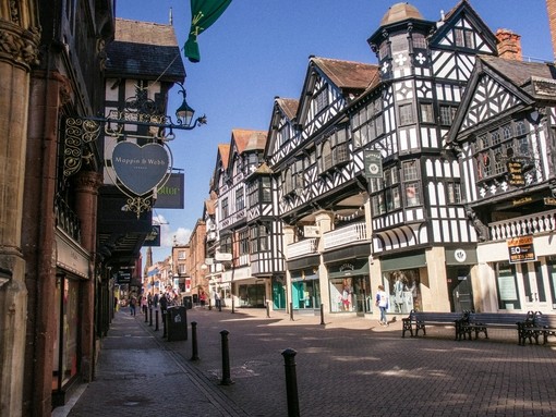 Street with some historic houses and shops