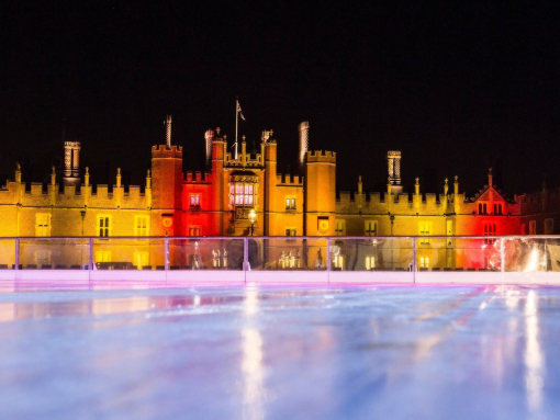 An ice rink set within the grounds of Hampton Court Palace in London.