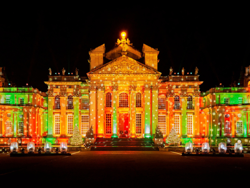 Festive Christmas lights shining onto Blenheim Palace