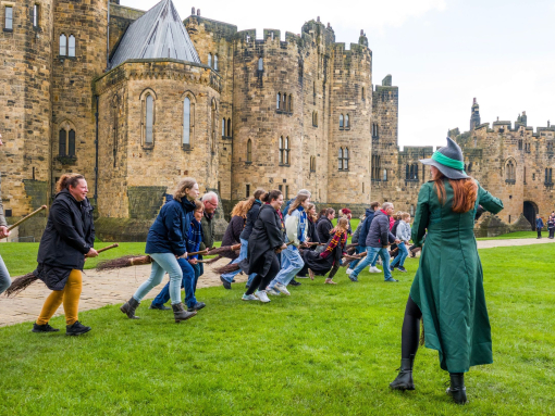 A group of people lined up for a Broomstick Training lesson with the wizarding professors by a large castle.
