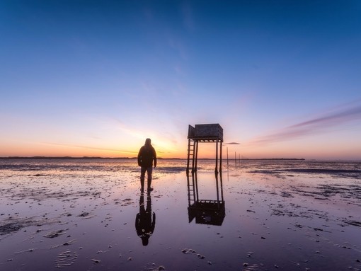 Posts marking the pilgrims' way crossing to Lindisfarne with emergency refuge at sunrise