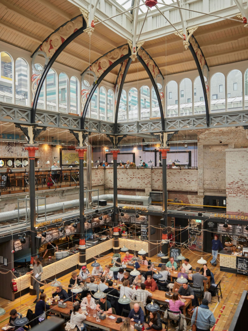 A view across a large food hall.