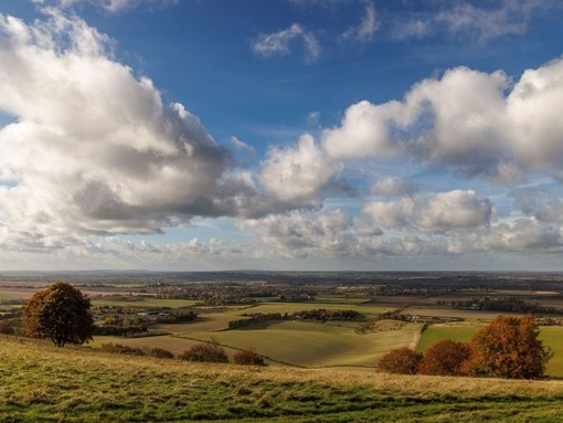 Panoramic view or rolling green farmland and pastures with a cloudy sky.