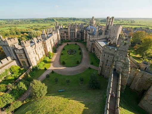 Aerial view of a castle and the countryside beyond