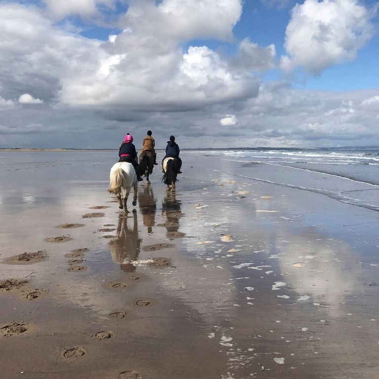Three people riding ponies along the beach